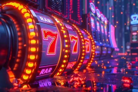 Glowing slot machine lucky sevens jackpot win.